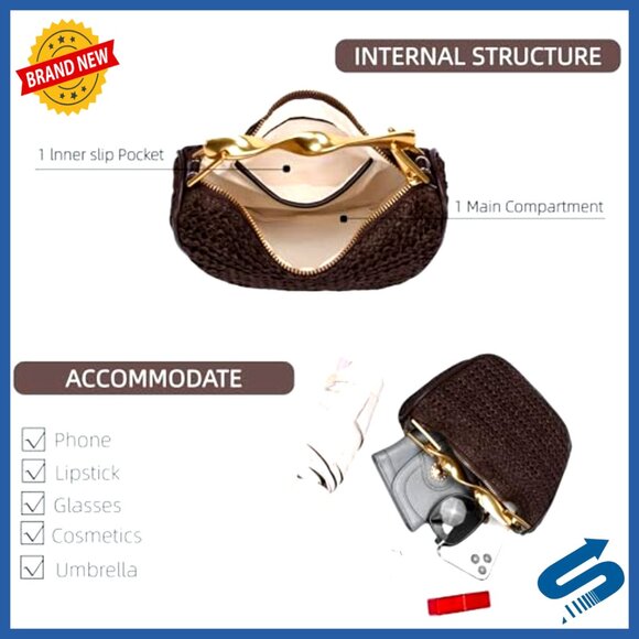 Mini Straw Clutch Crossbody Shoulder Bag Handwoven Boho Summer Evening Purse - Picture 5 of 7